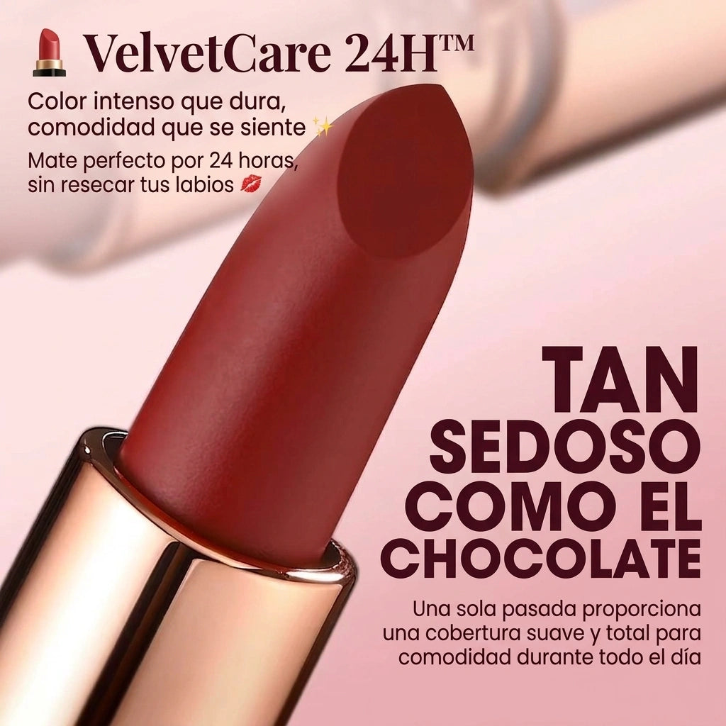 💄 VelvetCare 24H™ Color intenso que dura, comodidad que se siente ✨ Mate perfecto por 24 horas, sin resecar tus labios 💋