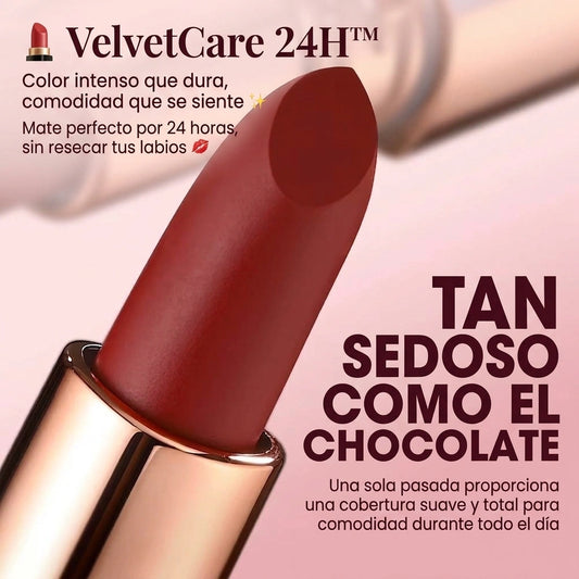 💄 VelvetCare 24H™ Color intenso que dura, comodidad que se siente ✨ Mate perfecto por 24 horas, sin resecar tus labios 💋