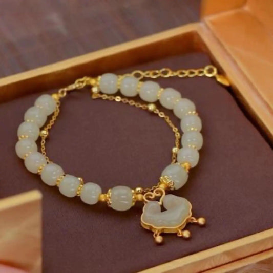 2X1 OFERTA | 💎PULSERA RUYI DE JADE HETIANO EN ORO DE 14 QUILATES💎